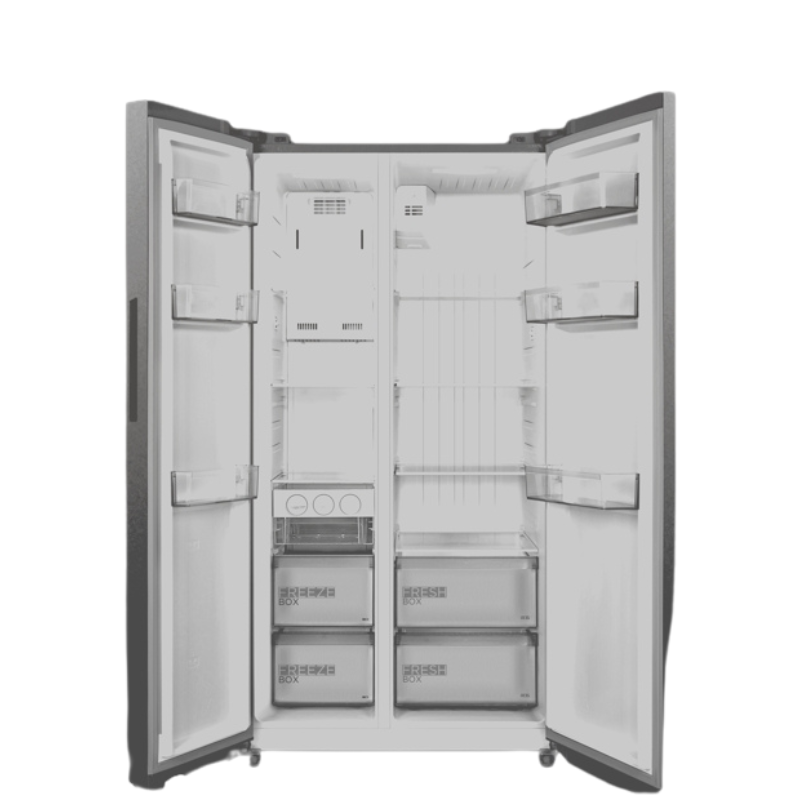 Open, empty refrigerator with multiple shelves and door compartments.