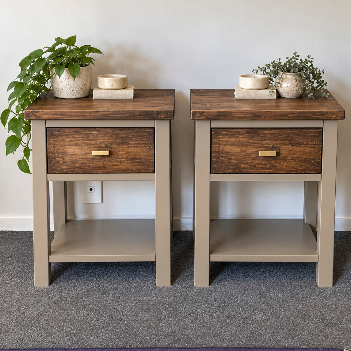 Bespoke Solid Wood Bedside Table Pair (Taupe) - El's Collection