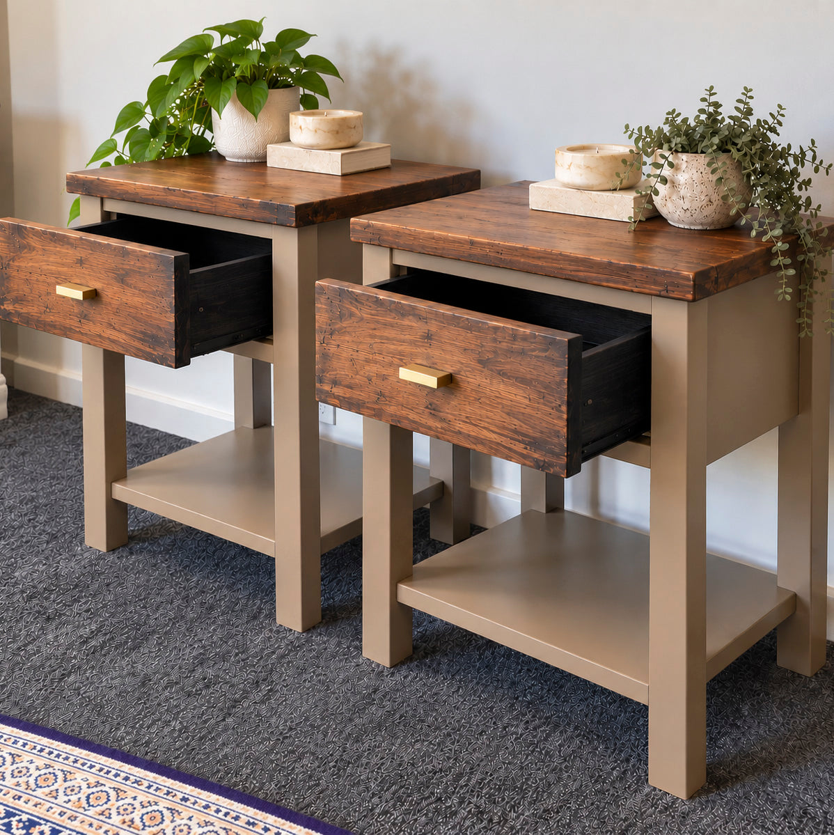 Bespoke Solid Wood Bedside Table Pair (Taupe) - El's Collection