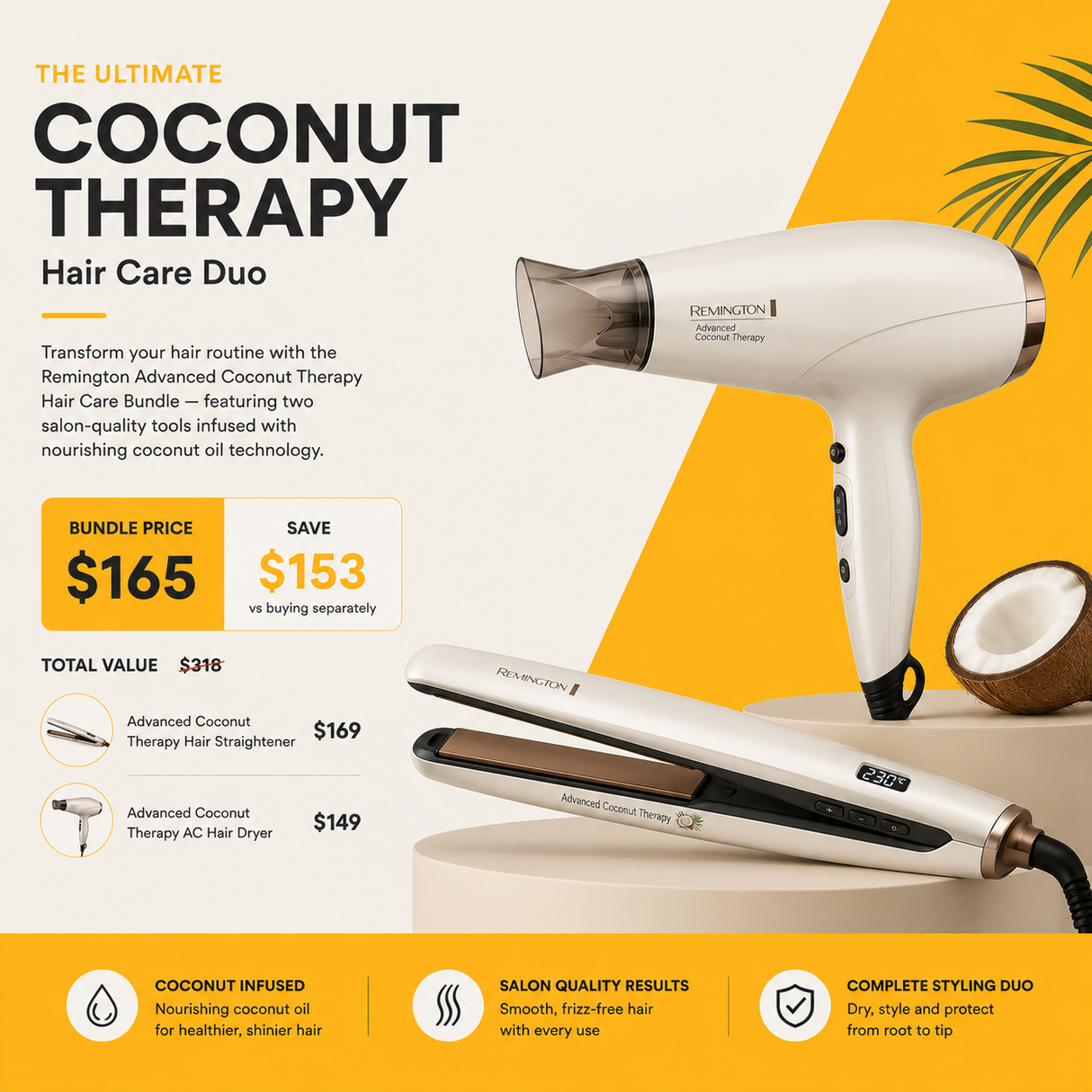 Remington Coconut Therapy Hair Care Bundle