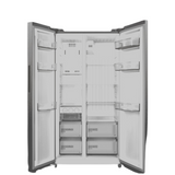 Open, empty refrigerator with multiple shelves and door compartments.
