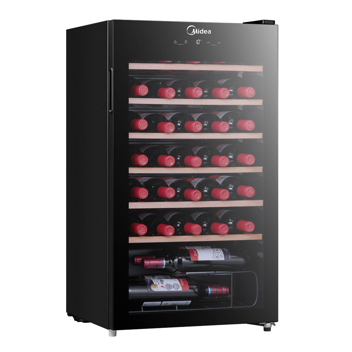 Black wine cooler with glass door, displaying multiple wine bottles on wooden shelves.