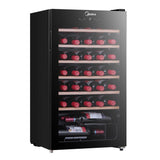 Black wine cooler with glass door, displaying multiple wine bottles on wooden shelves.