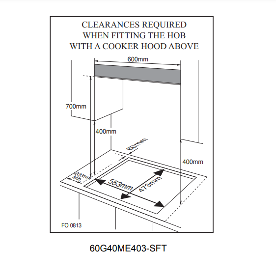 Diagram showing clearances for fitting a hob with a cooker hood above.