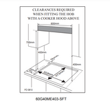 Diagram showing clearances for fitting a hob with a cooker hood above.