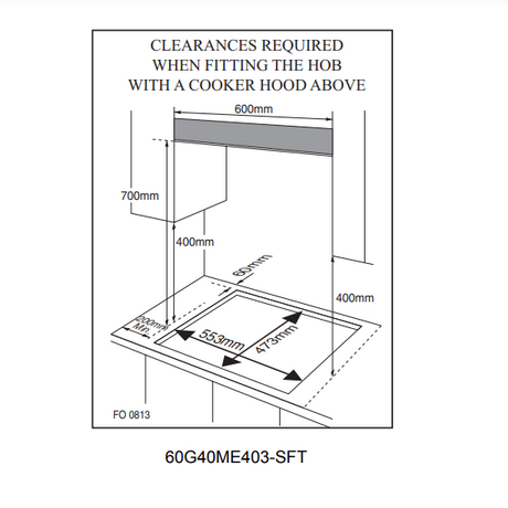 Diagram showing clearances for fitting a hob with a cooker hood above.