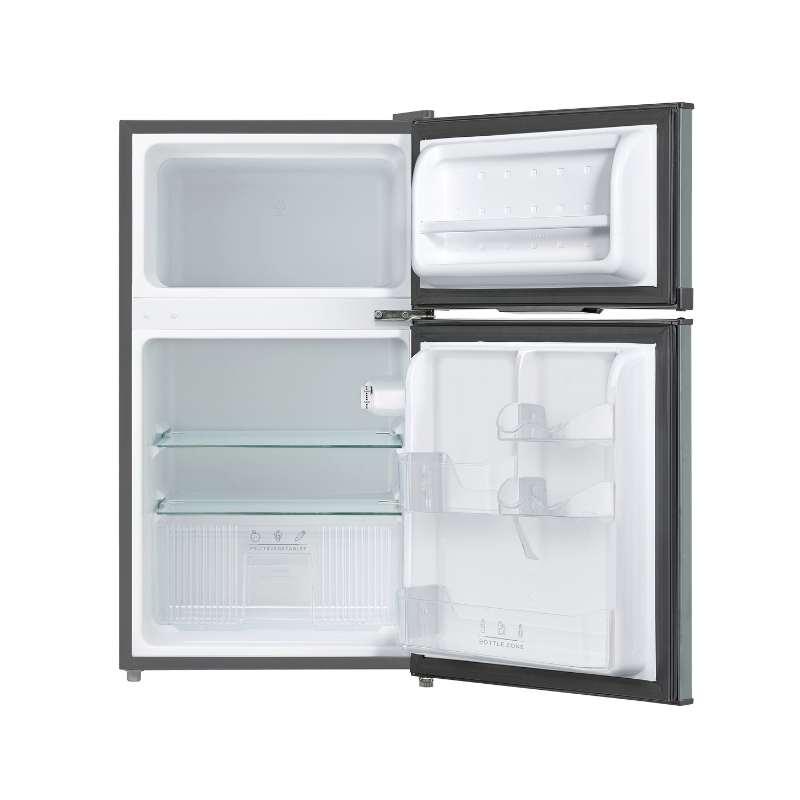 Open refrigerator with empty shelves and freezer compartment.