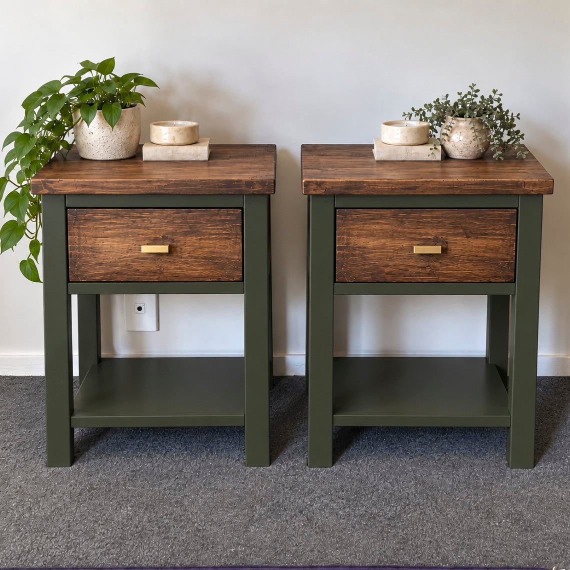 Bespoke Solid Wood Bedside Table Pair (Dark Green) - El's Collection