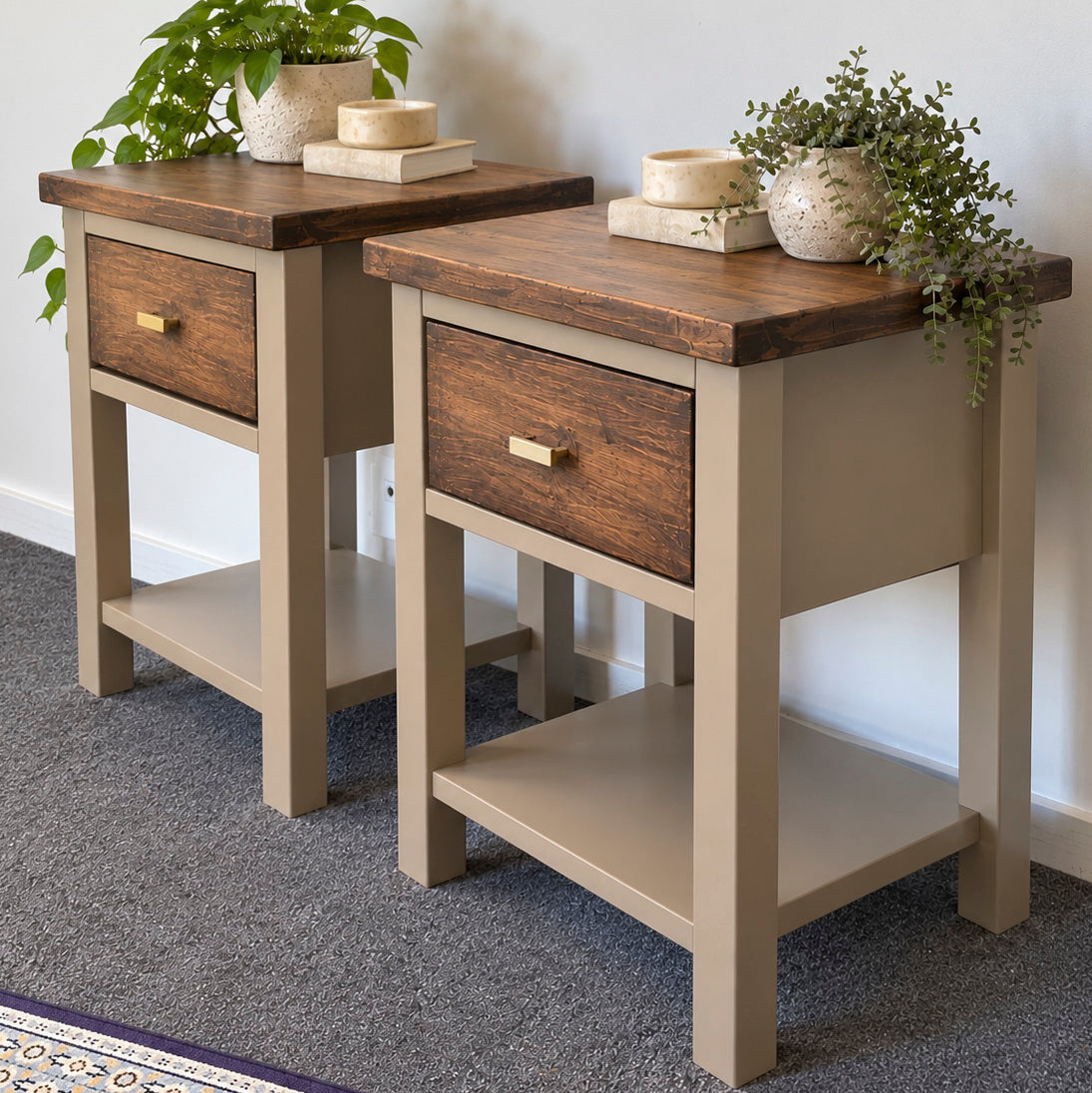 Bespoke Solid Wood Bedside Table Pair (Taupe) - El's Collection