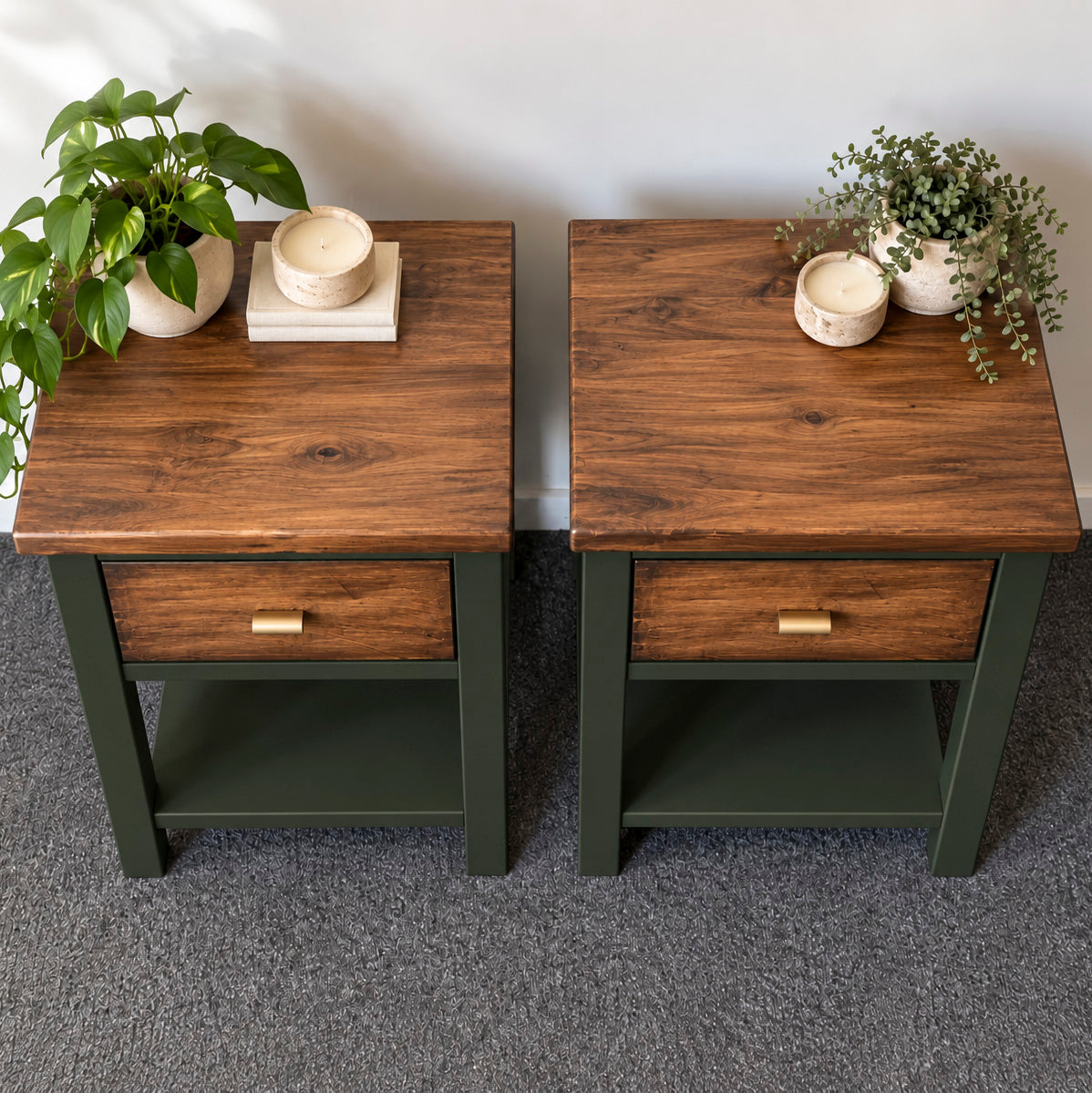 Bespoke Solid Wood Bedside Table Pair (Dark Green) - El's Collection