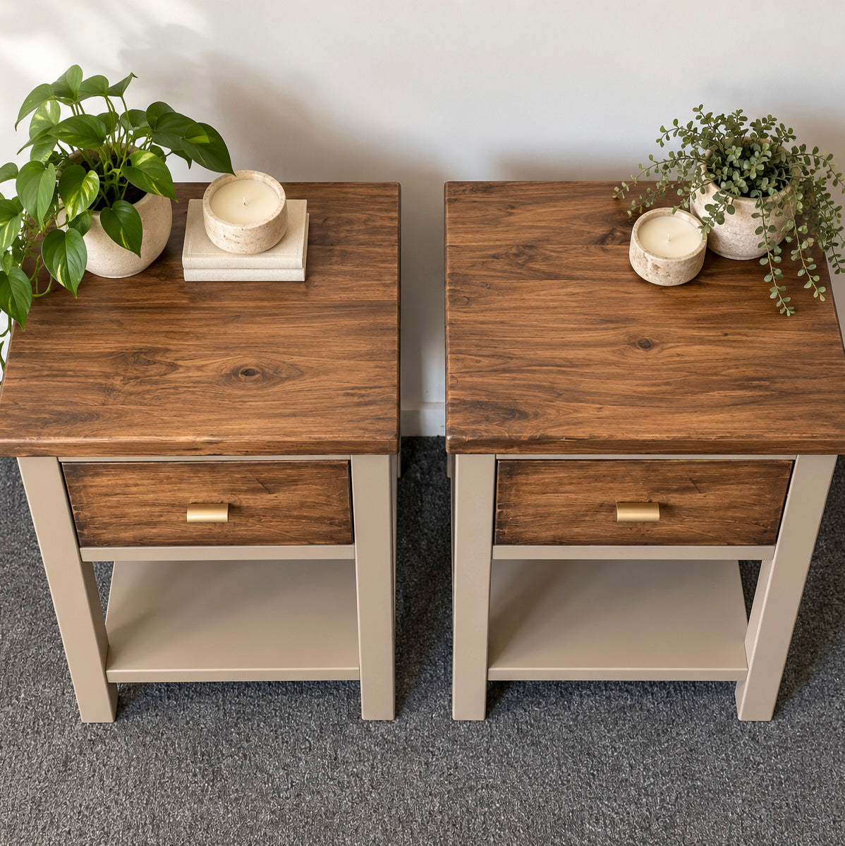 Bespoke Solid Wood Bedside Table Pair (Taupe) - El's Collection