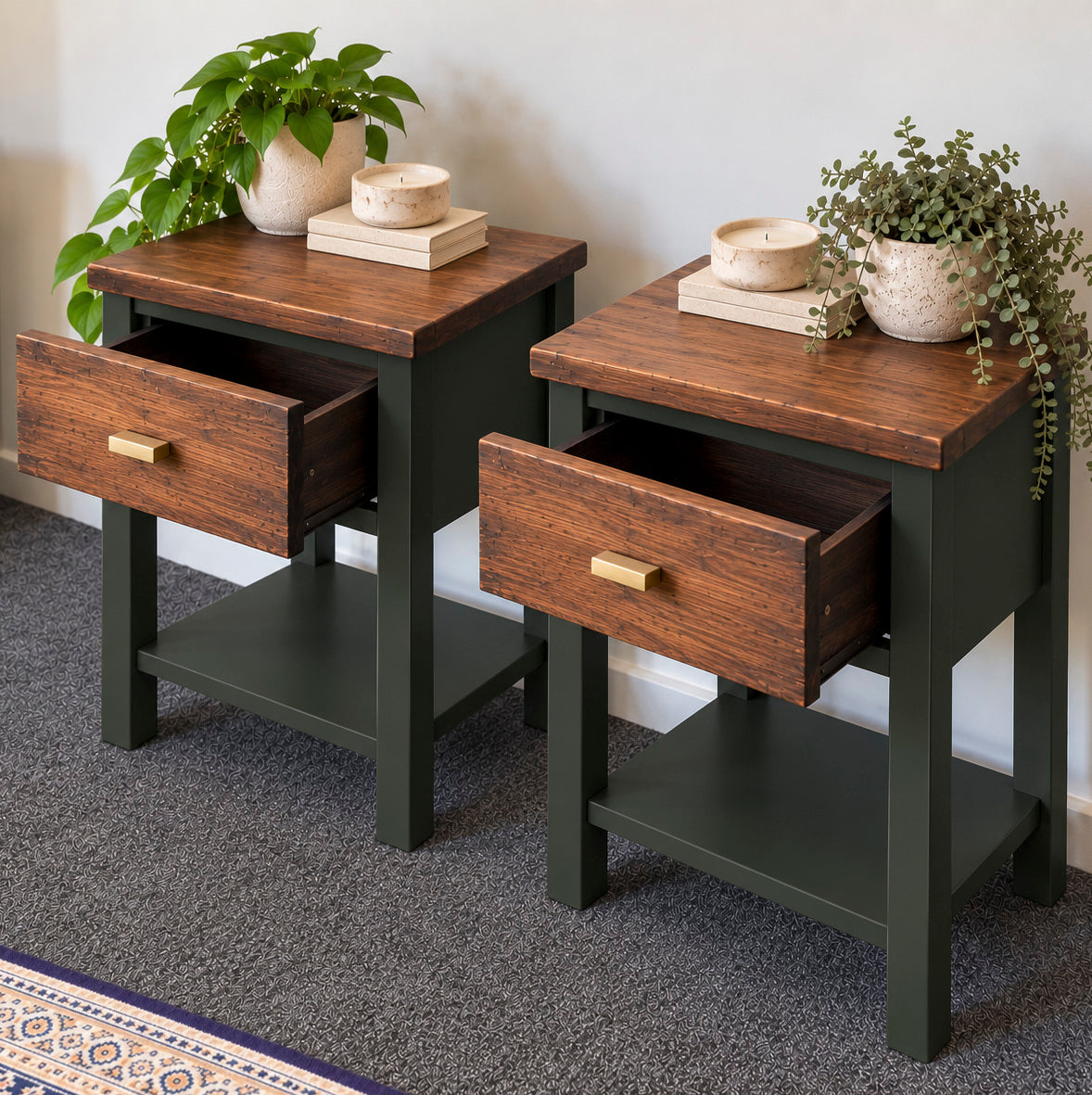 Bespoke Solid Wood Bedside Table Pair (Dark Green) - El's Collection