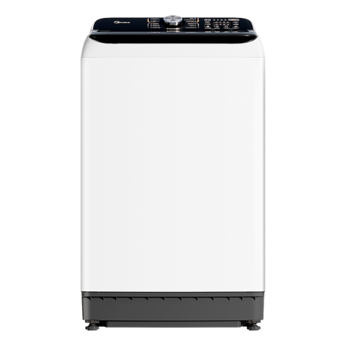 White washing machine with black top on a white background