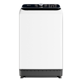 White washing machine with black top on a white background