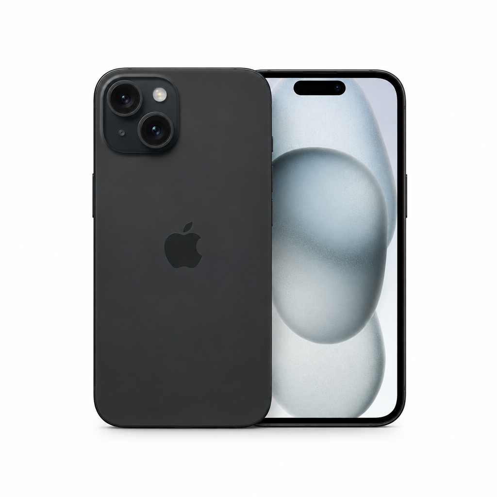 Black Apple iPhone 15, 128GB, shown on a white background