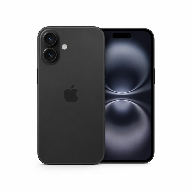 Black Apple iPhone 16, 128GB, shown on a white background