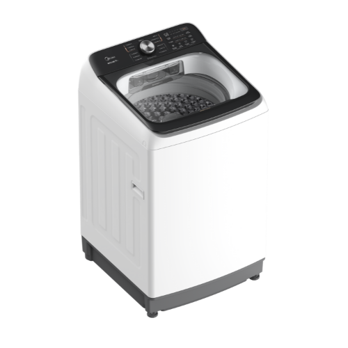 White washing machine with black top on a white background