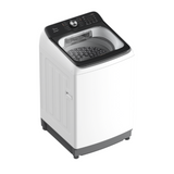 White washing machine with black top on a white background
