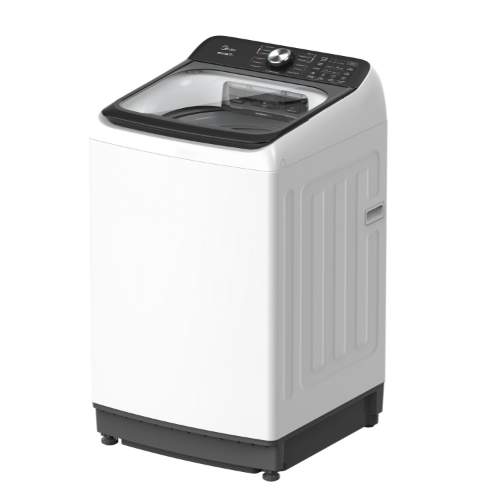 White washing machine with black top on a white background
