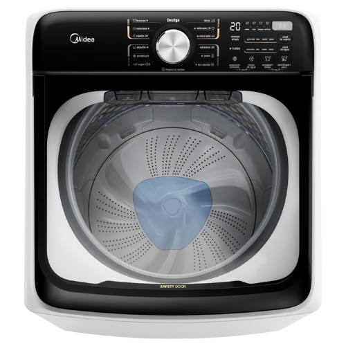Midea washing machine with open door on a white background