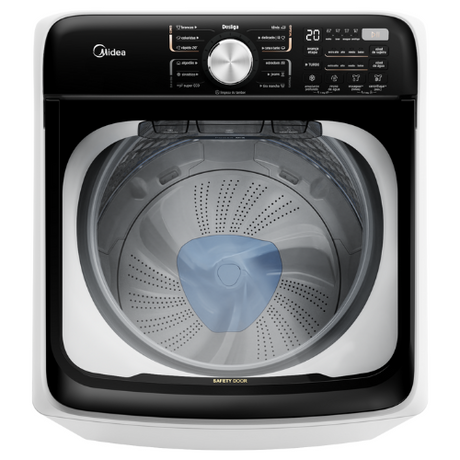 Midea washing machine with open door on a white background