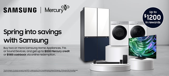 Spend at least $2,500 on two or more eligible Samsung Appliances or Entertainment, and get bonus Mercury credit or cashback via redemption*