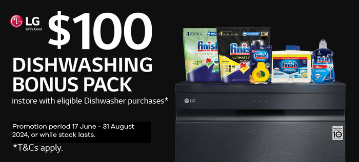 Get a bonus $100 Finish Dishwashing Pack with selected LG Dishwashers in-store*